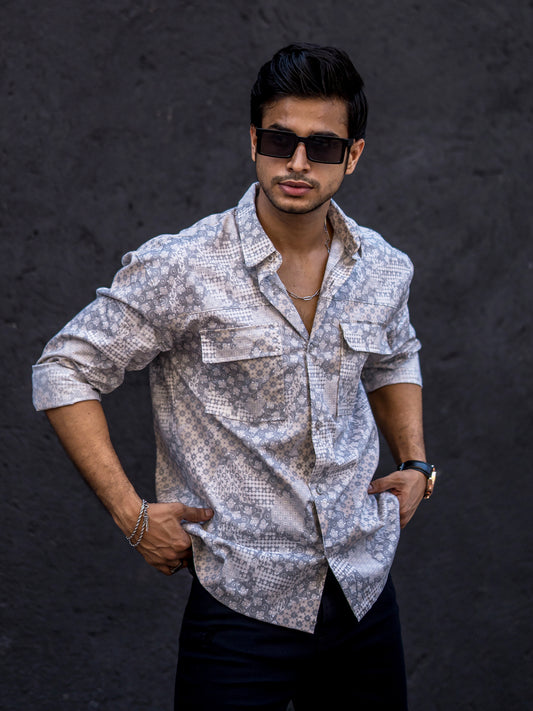 Floral Double Pocket Beige Full Sleeve Shirt