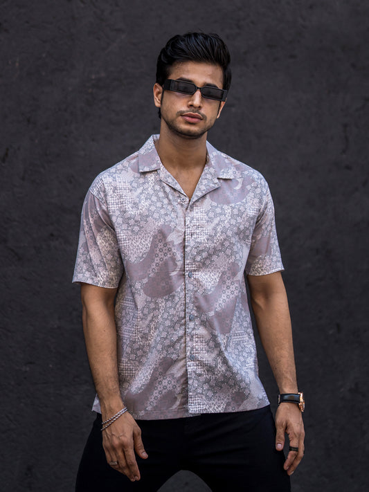 Paisley Oversized Light Grey Half Sleeve Shirt