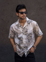 Leaf Printed Cream Half Sleeve Shirt