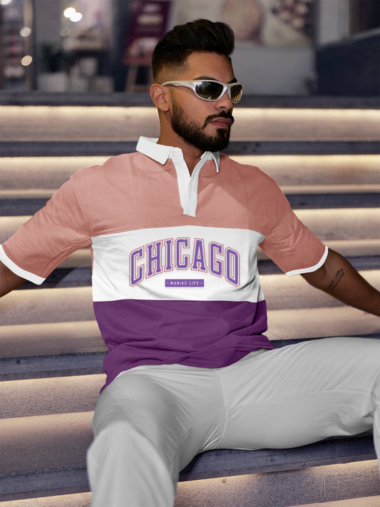 Chicago Pink & White Oversized Half Sleeve Polo T-Shirt