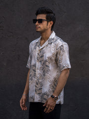 Leaf Printed Cream Half Sleeve Shirt