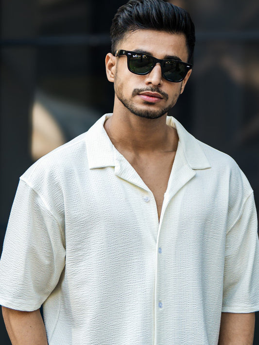 Seersucker Off White Half Sleeve Shirt