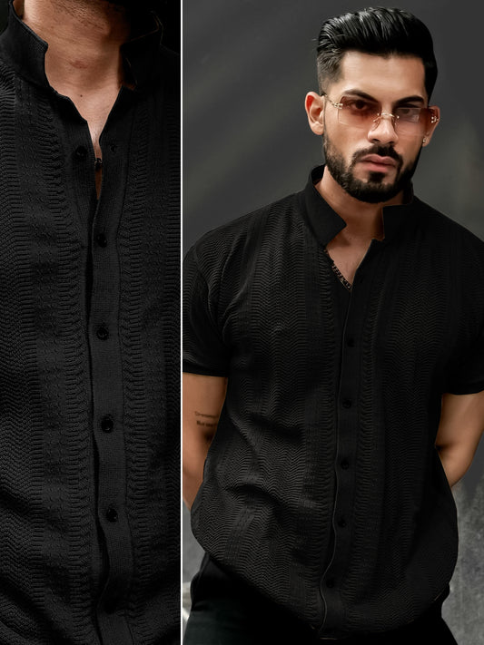Ribbed FlatKnit Black Half Sleeve Shirt
