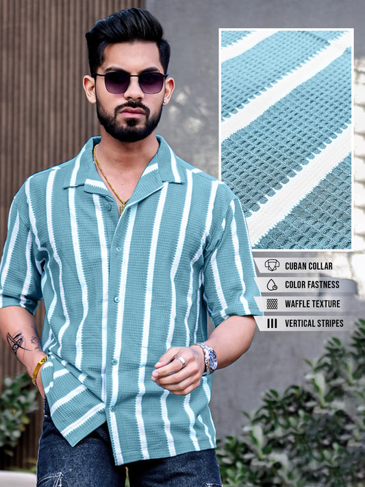 Popcorn Knit Vertical Stripe Blue Half Sleeve Shirt