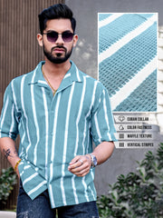 Popcorn Knit Vertical Stripe Blue Half Sleeve Shirt