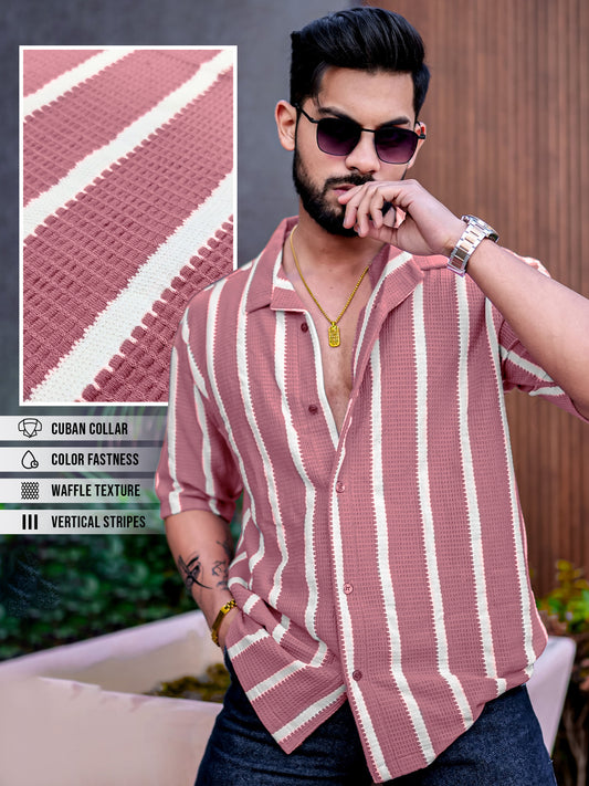Popcorn Knit Vertical Stripe Onion Half Sleeve Shirt