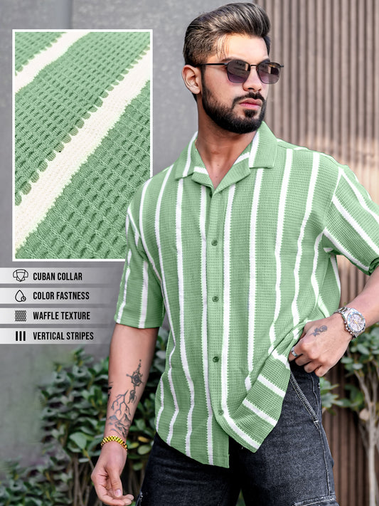 Popcorn Knit Vertical Stripe Green Half Sleeve Shirt