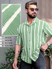 Popcorn Knit Vertical Stripe Green Half Sleeve Shirt