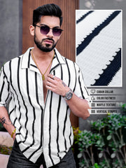 Popcorn Knit Vertical Stripe White Half Sleeve Shirt
