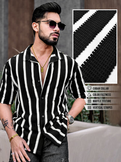 Popcorn Knit Vertical Stripe Black Half Sleeve Shirt