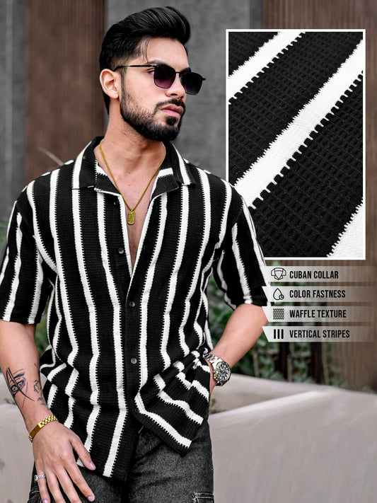Popcorn Knit Vertical Stripe Black Half Sleeve Shirt