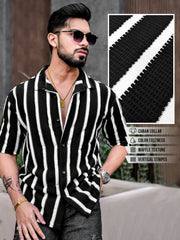 Popcorn Knit Vertical Stripe Black Half Sleeve Shirt