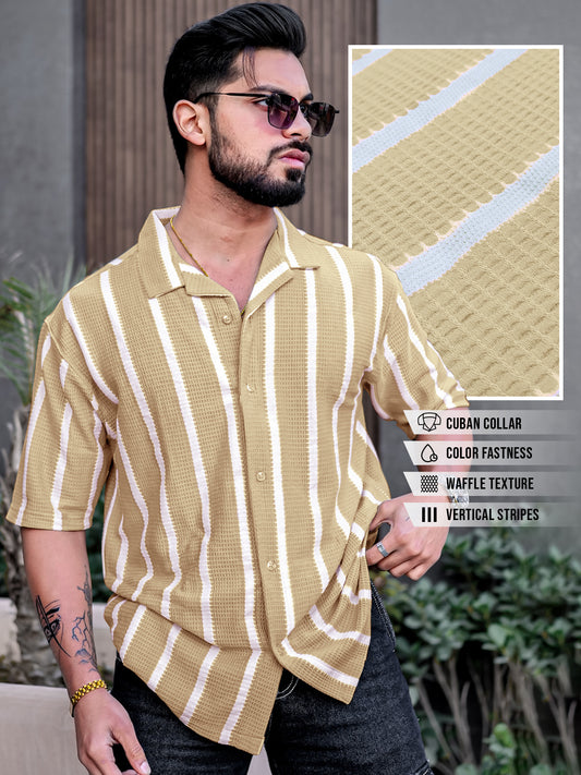 Popcorn Knit Vertical Stripe Beige Half Sleeve Shirt