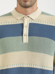 Monaco Stripe Flat-Knit Half Sleeve Polo T-Shirt – Cream & Denim Blue
