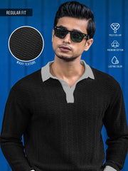 FlatKnit Wave Black Full Sleeve Polo T-Shirt