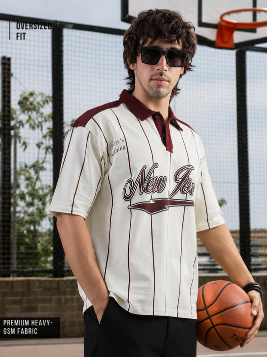 New York Stripes Cream Half Sleeve Polo T-Shirt