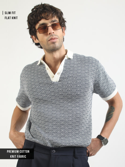 Maze Jacquard Flat-Knit Polo T-Shirt – Cream & Dark Navy