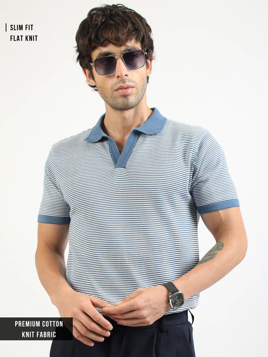 Denim Blue Pixel Stripe Flat-Knit Half Sleeve Polo T-Shirt