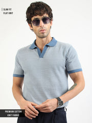Denim Blue Pixel Stripe Flat-Knit Half Sleeve Polo T-Shirt