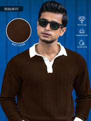FlatKnit Wave Brown Full Sleeve Polo T-Shirt