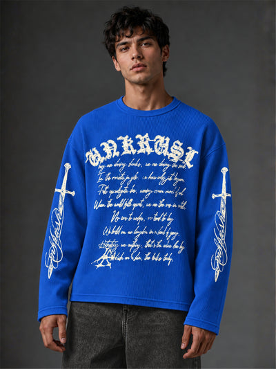 Wordings Royal Blue Waffle Full Sleeve T-Shirt