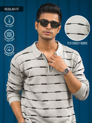 Glitchline Beige Full Sleeve Polo T-Shirt