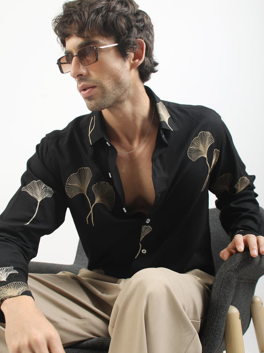 Biloba Leaf Embroidery Black Full Sleeve Shirt