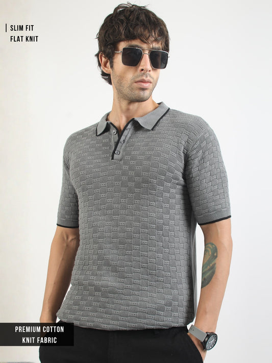Dark Grey Toasted Waffle Flatknit Cotton Half Sleeve Polo T-Shirt