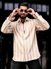 Terry Vertical Stripes Beige Full Sleeve Shirt