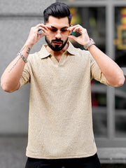 Croshia Knit Beige Half Sleeve Polo T-Shirt