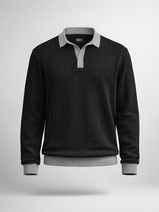 FlatKnit Wave Black Full Sleeve Polo T-Shirt
