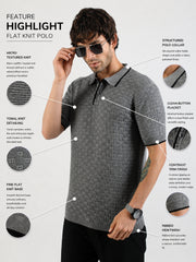 Dark Grey Toasted Waffle Flatknit Cotton Half Sleeve Polo T-Shirt