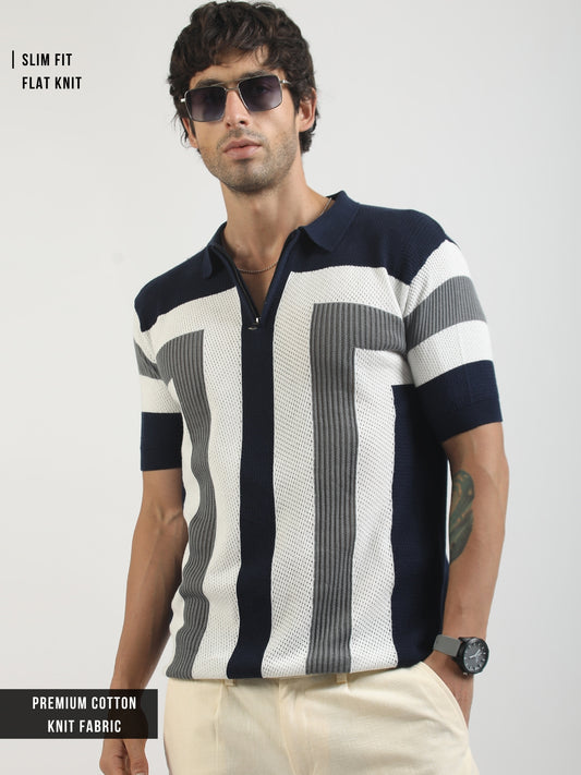 L-Block Navy Cotton Flatknit Half Sleeve Polo T-Shirt
