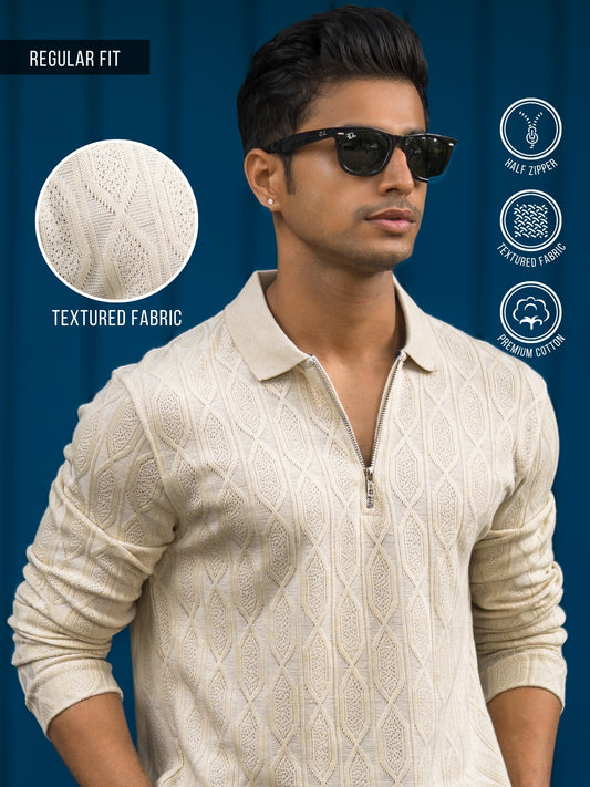 Raw Texture Cream Full Sleeve Polo T-Shirt