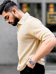 Croshia Knit Beige Half Sleeve Polo T-Shirt