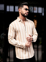 Terry Vertical Stripes Beige Full Sleeve Shirt
