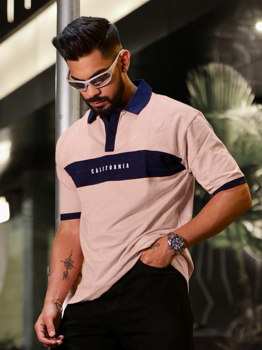 California Pink & Navy Oversized Half Sleeve Polo T-Shirt