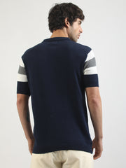 L-Block Navy Cotton Flatknit Half Sleeve Polo T-Shirt
