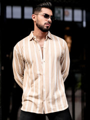 Terry Vertical Stripes Beige Full Sleeve Shirt