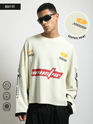 Newslur Cream, Red Waffle Full Sleeve Boxy T-Shirt
