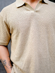 Croshia Knit Beige Half Sleeve Polo T-Shirt