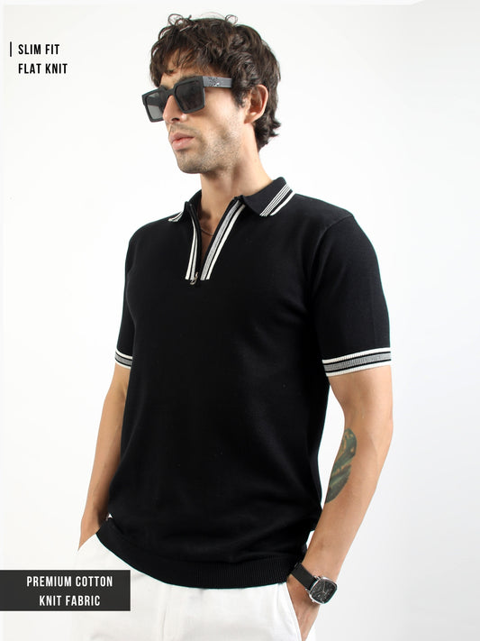 Black Noble Flat-Knit Half-Sleeve Polo T-Shirt