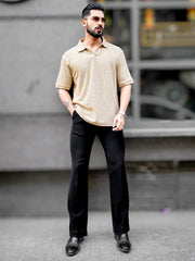 Croshia Knit Beige Half Sleeve Polo T-Shirt