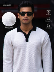 FlatKnit Wave White Full Sleeve Polo T-Shirt