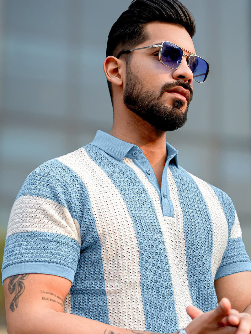 Blue half sleeve textured polo t-shirt for men