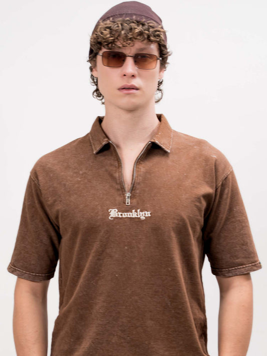 Washed Brooklyn Brown Half Sleeve Polo T-Shirt