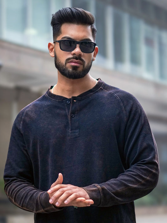 Waffle Acid Wash Black Full Sleeve Tshirt