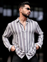 Terry Vertical Stripes Grey Full Sleeve Shirt