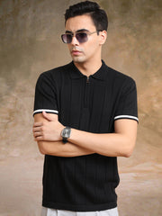 Drop Needle Black Flatknit Half Sleeve Polo T-Shirt