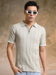 Drop Needle Beige Flatknit Half Sleeve Polo T-Shirt
